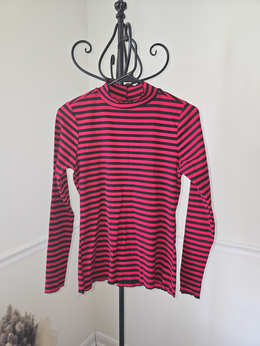 Hot Topic Red and Black Striped Ribbed Mock Neck Shirt